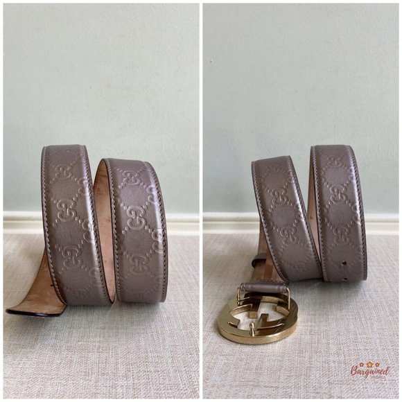 Authentic Gucci Rose Metallic Guccissima Leather Gold Interlocking G Buckle Belt - Picture 9 of 13